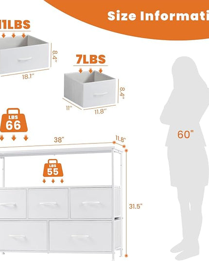 Sweetcrispy 5 Fabric Drawer Dresser TV Stand for Bedroom, Entertainment Center for 45 Inch TV with Storage Drawer Unit, Open Shelf, Adjustable Feet, Living Room, White - LeafyLoom
