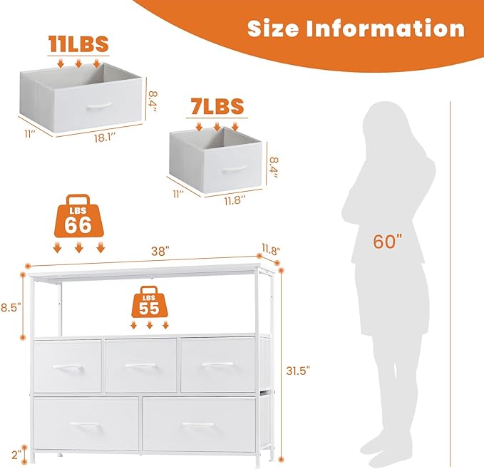 Sweetcrispy 5 Fabric Drawer Dresser TV Stand for Bedroom, Entertainment Center for 45 Inch TV with Storage Drawer Unit, Open Shelf, Adjustable Feet, Living Room, White - LeafyLoom