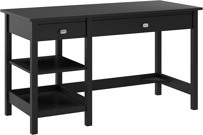 Bush Furniture Broadview 54W Computer Desk with Shelves in Classic Black| Personal Workstation Table and Storage for Home Office Workspace - LeafyLoom