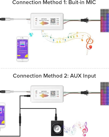 BTF-LIGHTING FCOB RGB WS2811 IC WS2812B WS2811 WS2813 SP107E Music Bluetooth Full Color Controller Support Almost All The LED IC Chip Suit for LED Strip,Matrix Panel,Module Buli-in Mic/AUX Input BTF-LIGHTING