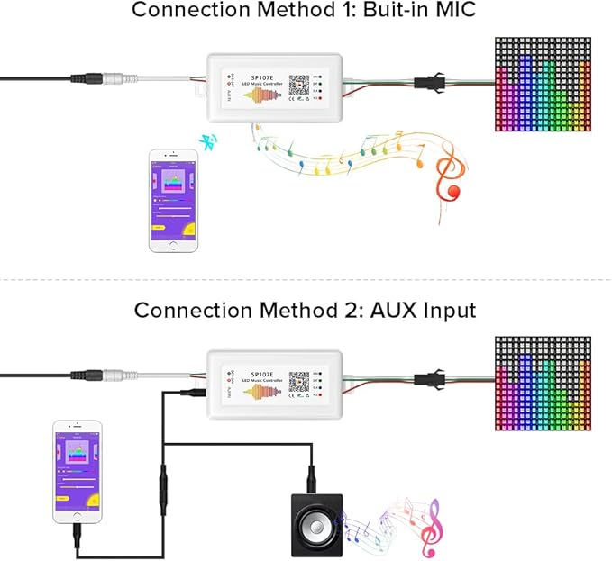 BTF-LIGHTING FCOB RGB WS2811 IC WS2812B WS2811 WS2813 SP107E Music Bluetooth Full Color Controller Support Almost All The LED IC Chip Suit for LED Strip,Matrix Panel,Module Buli-in Mic/AUX Input BTF-LIGHTING