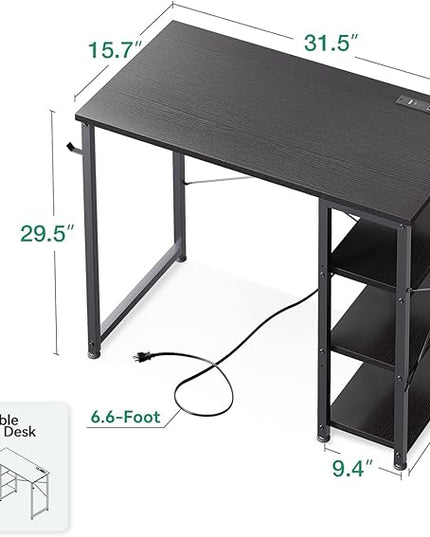 AODK Laptop Desk Small Desk, 32 Inch Computer Desk with Power Outlet and USB & Type-C Charging Port, Writing Desk with 3-Tier Reversible Storage Shelf for Home Office, 32'' x 16'', Black - LeafyLoom