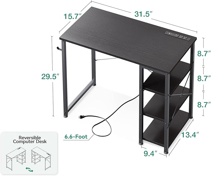AODK Laptop Desk Small Desk, 32 Inch Computer Desk with Power Outlet and USB & Type-C Charging Port, Writing Desk with 3-Tier Reversible Storage Shelf for Home Office, 32'' x 16'', Black - LeafyLoom