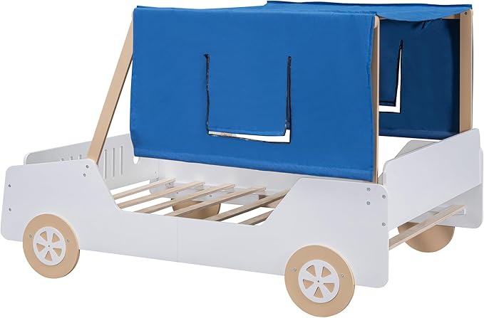 Full Size Race Jeep Car Bed Platform Bed with Tent Canopy and Wheels,Wood Bed Frame W/Raised Bed Design,for Kids Boys Girls Teens,Natural - LeafyLoom
