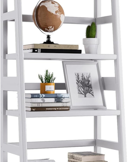 White Ladder Bookshelf, Leaning Bookcase, 4-Tier Bamboo Shelf, Floor Standing Storage Shelving Unit, Open Display Book Shelves - LeafyLoom