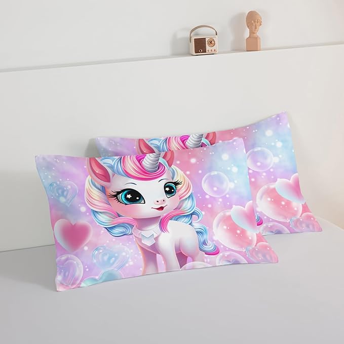 HOSIMA Unicorn Bedding Sets for Girls Teens,Cartoon Kawaii Unicorn Comforter Bubble and Love Heart Bedding Set,Fantasy Unicorn Bedroom Decor for Girls Pink Purple King Size Comforter Set. - LeafyLoom