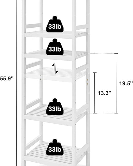 Homykic Bamboo Bookshelf, 5-Tier Narrow 55.9” Adjustable Book Shelf Bookcase Bathroom Shelves Freestanding Storage Stand for Living Room, Bedroom, Kitchen, Rust Resistance, Easy Assembly, White - LeafyLoom