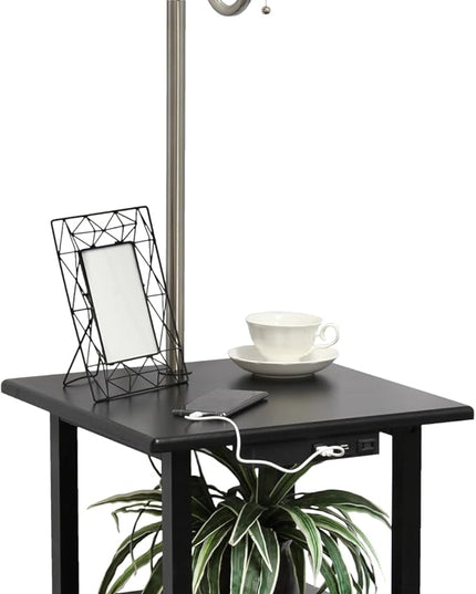 Simple Designs LF2016-BLK 57" Modern 2 Tier End Table Floor Lamp Combination with 2 x USB Charging Ports & Power Outlet with White Drum Fabric Shade for Bedroom, Living Room, Office, Black - LeafyLoom
