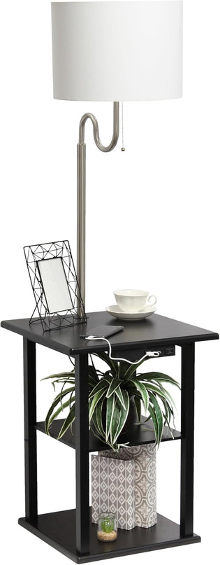 Simple Designs LF2016-BLK 57" Modern 2 Tier End Table Floor Lamp Combination with 2 x USB Charging Ports & Power Outlet with White Drum Fabric Shade for Bedroom, Living Room, Office, Black - LeafyLoom