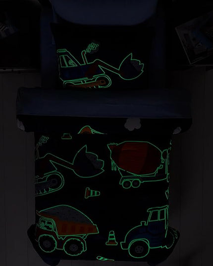 Truck Tractor Excavator Twin Comforter Set with Sheets - 5 Pieces Kids Twin Bedding Sets for Boys, Glow in The Dark Construction Trucks Twin Bed in a Bag for Kids, Teens - LeafyLoom