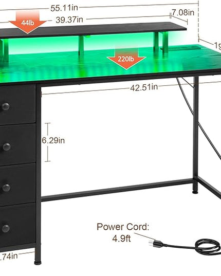 Computer Desk with LED Light & Power Outlets, 55 Inch Gaming Desk with 4 Fabric Drawers, Office Desk with Monitor Stand, Black Work Writing Desk with Hooks for Home Office, Bedroom, HGD14BK - LeafyLoom