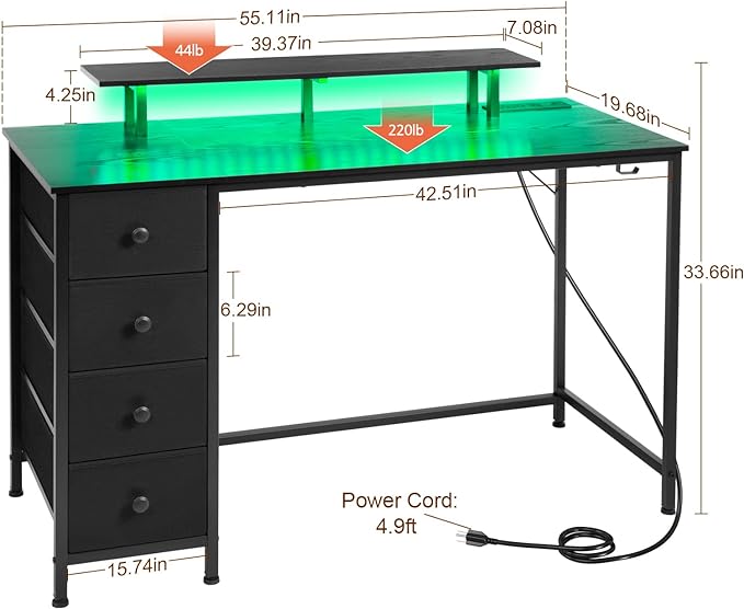 Computer Desk with LED Light & Power Outlets, 55 Inch Gaming Desk with 4 Fabric Drawers, Office Desk with Monitor Stand, Black Work Writing Desk with Hooks for Home Office, Bedroom, HGD14BK - LeafyLoom