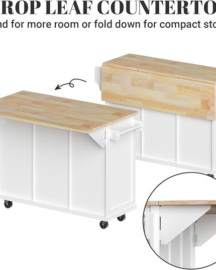 Rolling Kitchen Island with Drop Leaf Kitchen Island On Wheels with Storage Large 53in Wood Portable Kitchen Islands White with Drawers Cabinet Spice Towel Rack Storage for Kitchen - LeafyLoom