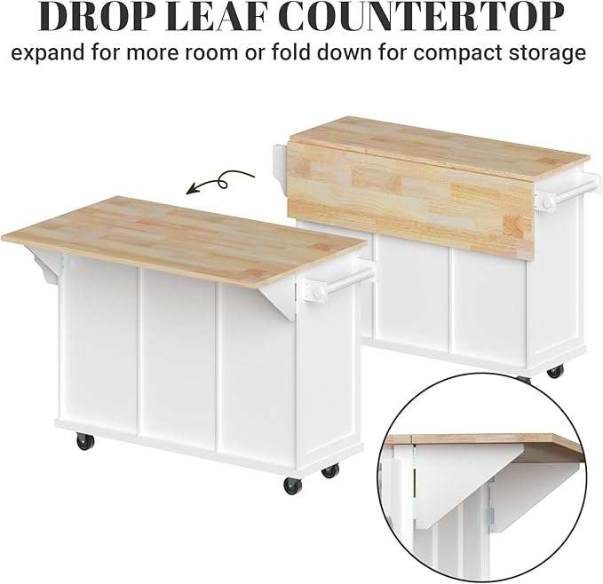Rolling Kitchen Island with Drop Leaf Kitchen Island On Wheels with Storage Large 53in Wood Portable Kitchen Islands White with Drawers Cabinet Spice Towel Rack Storage for Kitchen - LeafyLoom