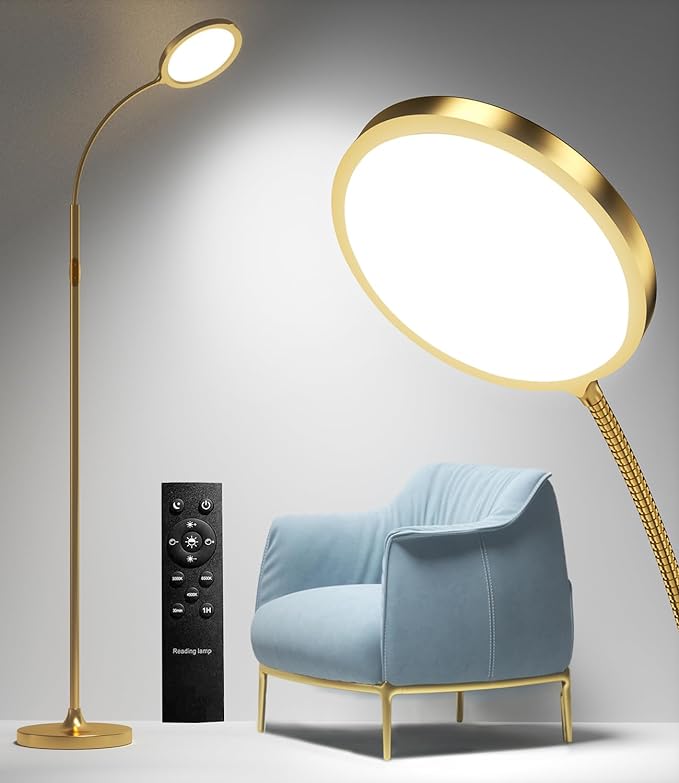 Gold Floor Lamp,Super Bright Dimmable LED Floor Lamps for Living Room, Custom Color Temperature Standing Lamp with Remote Push Button, Adjustable Gooseneck Reading Floor Lamp for Bedroom Office - LeafyLoom