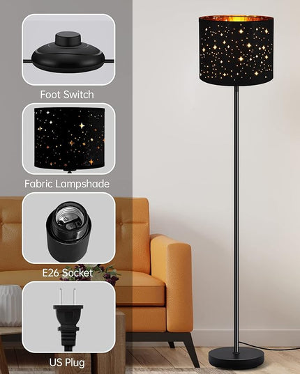 BoostArea Floor Lamp, Standing Lamp, 6W LED Floor Lamps with Black Lampshade, 2700K, Foot Switch, E26 Socket, 58" Tall Metal Pole Lamp, Simple Floor Lamps for Living Room/Bedroom/Farmhouse, Star - LeafyLoom