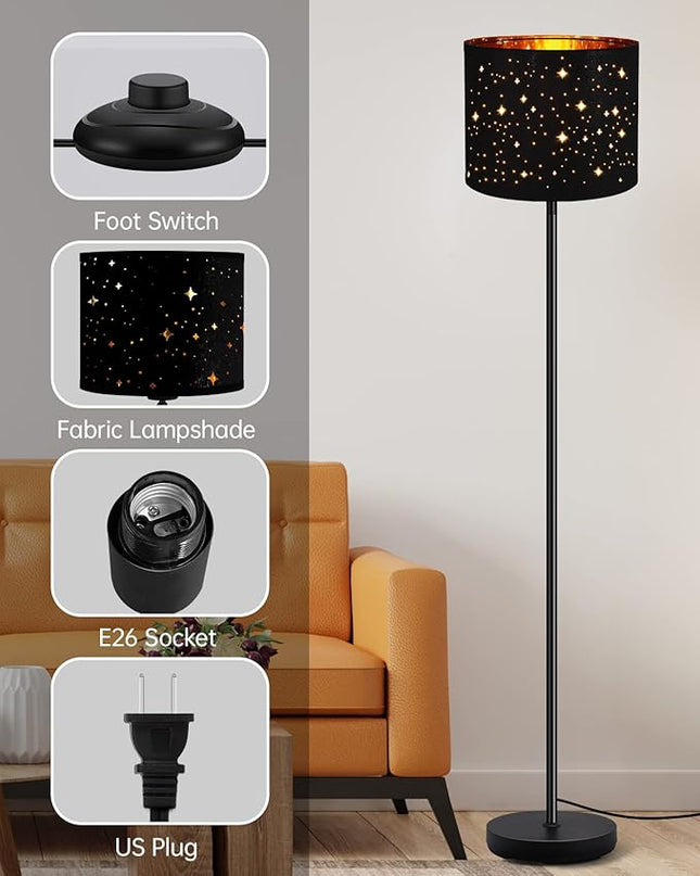 BoostArea Floor Lamp, Standing Lamp, 6W LED Floor Lamps with Black Lampshade, 2700K, Foot Switch, E26 Socket, 58" Tall Metal Pole Lamp, Simple Floor Lamps for Living Room/Bedroom/Farmhouse, Star - LeafyLoom