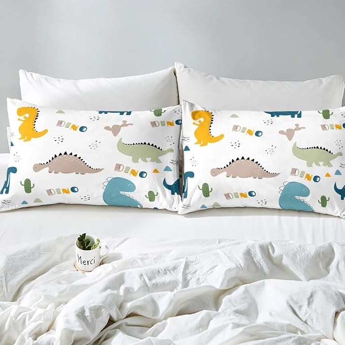 Feelyou Cute Dinosaur Comforter Set Cartoon Cactus Bedding Set Decor Jungle Dino Boho Succulent Comforter Wild Animal Pattern Yellow Grey Duvet Set Bedroom Quilt Set 3Pcs Queen - LeafyLoom