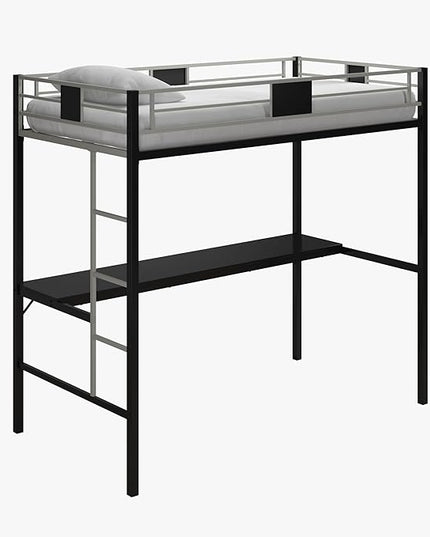 DHP Screen Loft Metal Bunk Bed with Desk and Ladder, Space-Saving Design, Silver Twin - LeafyLoom
