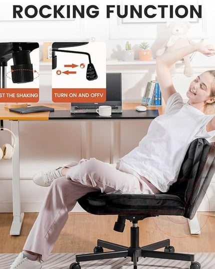 COMHOMA Criss Cross Chair with Wheels, Armless Wide Cross Legged Office Chair Mid Back, Modern Home Office Desk Chair Swivel Adjustable Vanity Computer Chair, Black - LeafyLoom