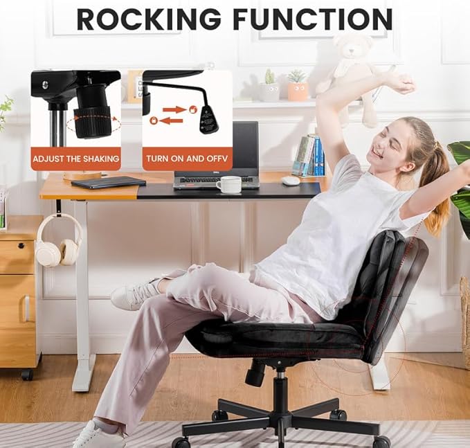 COMHOMA Criss Cross Chair with Wheels, Armless Wide Cross Legged Office Chair Mid Back, Modern Home Office Desk Chair Swivel Adjustable Vanity Computer Chair, Black - LeafyLoom