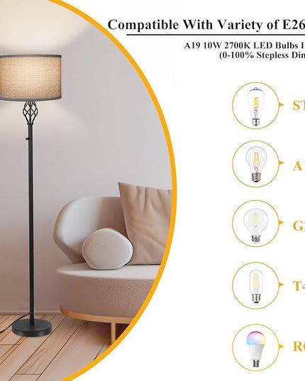 Floor Lamps for Living Room, Standing Lamp for Bedroom, Modern Floor Lamp with Gray Linen Shade, Rotary Switch, 2700K 10W Bulb Included, Stepless Dimmable Floor lamp, Classic Tall Lamp for Office - LeafyLoom