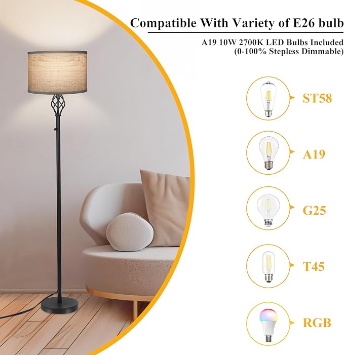 Floor Lamps for Living Room, Standing Lamp for Bedroom, Modern Floor Lamp with Gray Linen Shade, Rotary Switch, 2700K 10W Bulb Included, Stepless Dimmable Floor lamp, Classic Tall Lamp for Office - LeafyLoom