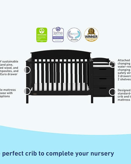 Graco Benton 4-in-1 Convertible Crib and Changer (Black) – GREENGUARD Gold Certified, Crib and Changing -Table Combo, Water-Resistant Changing Pad, Converts to Toddler Bed, Daybed & Full-Size Bed - LeafyLoom
