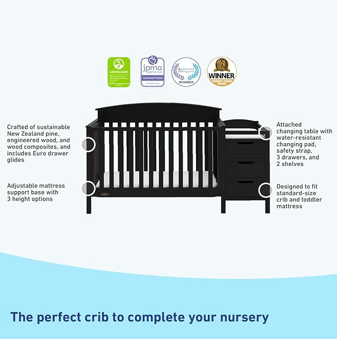 Graco Benton 4-in-1 Convertible Crib and Changer (Black) – GREENGUARD Gold Certified, Crib and Changing -Table Combo, Water-Resistant Changing Pad, Converts to Toddler Bed, Daybed & Full-Size Bed - LeafyLoom