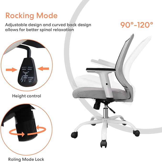 Schwake Ergonomic Office Chair Home Mesh Desk Chair with Adjustable Arms - Mid Back Computer Chairs for Adults - Swivel Task Chair Comfortable for Home Office (White &Grey) - LeafyLoom