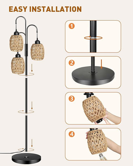 AKASUKI 3 Lights Artificial Rattan Floor Lamps for Living Room, Metal Standing Lamp with Handmade Rope Lampshades, Stepless Dimmable Boho Floor Lamp for Living Room Bedroom, 3 PCS 6W Bulbs Included - LeafyLoom