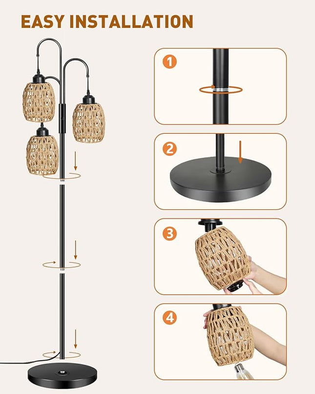AKASUKI 3 Lights Artificial Rattan Floor Lamps for Living Room, Metal Standing Lamp with Handmade Rope Lampshades, Stepless Dimmable Boho Floor Lamp for Living Room Bedroom, 3 PCS 6W Bulbs Included - LeafyLoom