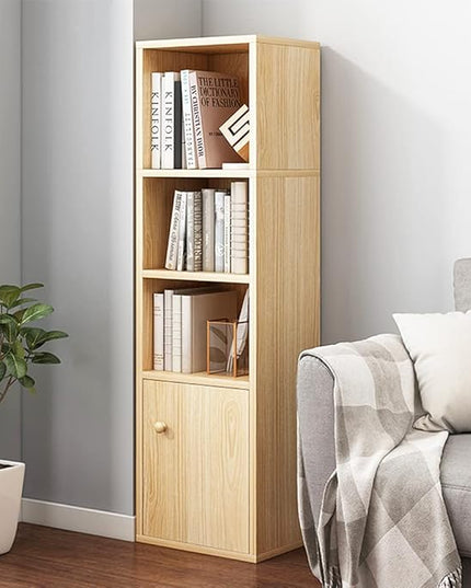 IOTXY Small Narrow Corner Bookcase - 47 Inches Tall Gap Freestanding Storage Cabinet, 4 Lattices Open Shelves Tower Rack with Door, Cubes Bookshelf in Oak - LeafyLoom