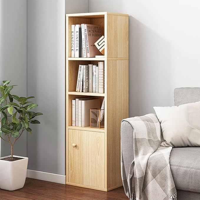 IOTXY Small Narrow Corner Bookcase - 47 Inches Tall Gap Freestanding Storage Cabinet, 4 Lattices Open Shelves Tower Rack with Door, Cubes Bookshelf in Oak - LeafyLoom