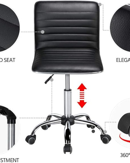 Yaheetech Adjustable Task Chair PU Leather Low Back Ribbed Armless Swivel Black Desk Chair Office Chair Wheels, Black - LeafyLoom
