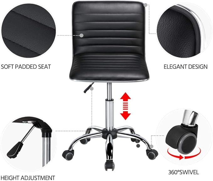 Yaheetech Adjustable Task Chair PU Leather Low Back Ribbed Armless Swivel Black Desk Chair Office Chair Wheels, Black - LeafyLoom