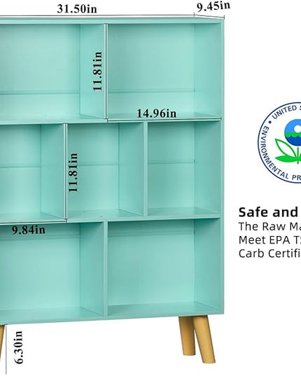 LEYAOYAO 7 Cube Bookshelf 3-Tier Bookcase with Legs, Mint-Green Kids Book Shelf Cute Storage Organizer, Toy Shelves Bookshelves,Wood Display Bookcases - LeafyLoom