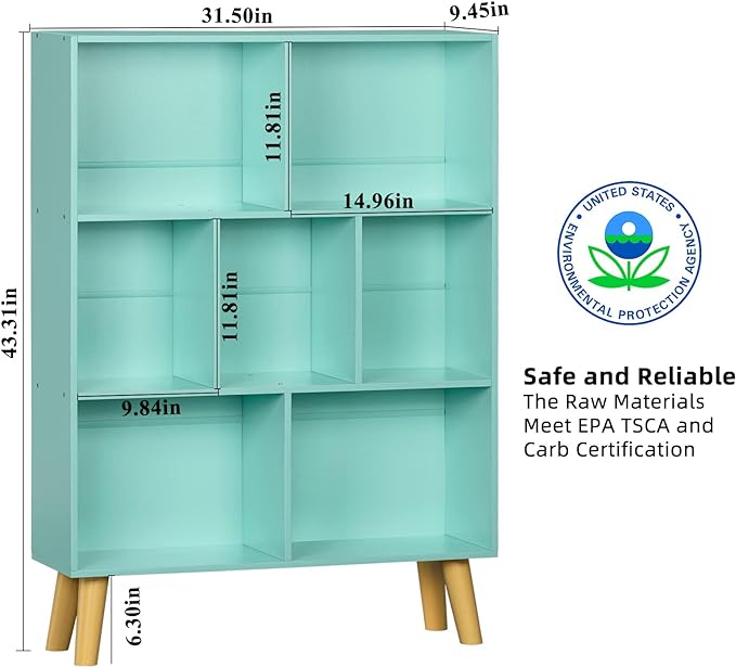LEYAOYAO 7 Cube Bookshelf 3-Tier Bookcase with Legs, Mint-Green Kids Book Shelf Cute Storage Organizer, Toy Shelves Bookshelves,Wood Display Bookcases - LeafyLoom