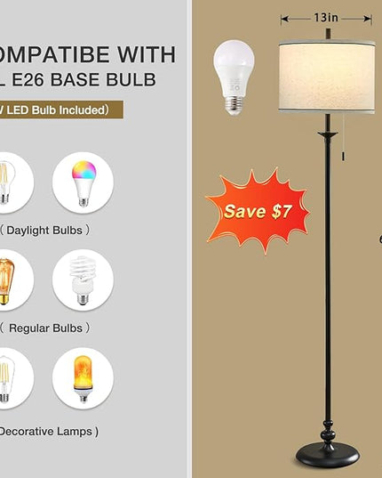 Luvkczc Modern 60" Tall Standing Lamp for Living Room with Classical Drum Shade &Pull Chain - Corner Reading Light for Bedroom, Office, Dining Room, Farmhouse Room Decor (Bulb Included) - LeafyLoom