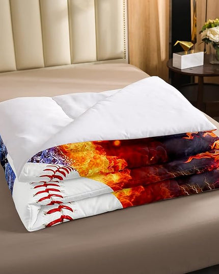 Baseball Comforter Set Queen Size Sports Theme Down Comforter Kids Teens Boys Fire and Ice Sports Baseball Quilted Duvet,Decoration 3 Pcs Bedding Comforters (1 Comforter Set +2 Pillowcases) Red Blue - LeafyLoom