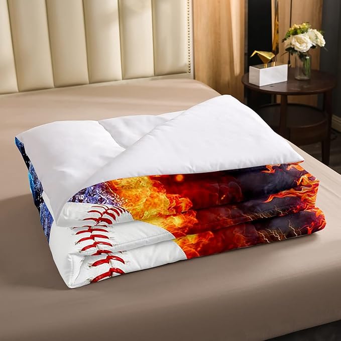 Baseball Comforter Set Twin Size for Teen Boy Room Decor, Fire and Ice Sports Baseball Down Comforter Kids Men Modern Sports Theme Quilted Duvet (1 Comforter Set + 1 Pillow Case), Red and Blue - LeafyLoom