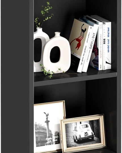 VECELO Small Bookshelf, 5 Cube Slim Bookcase, Fits Tallest Hardcovers, Horizontal Available, Modern Floor Standing Unit, Each Shelf Hold Up to 66 LBS, Matte Black - LeafyLoom