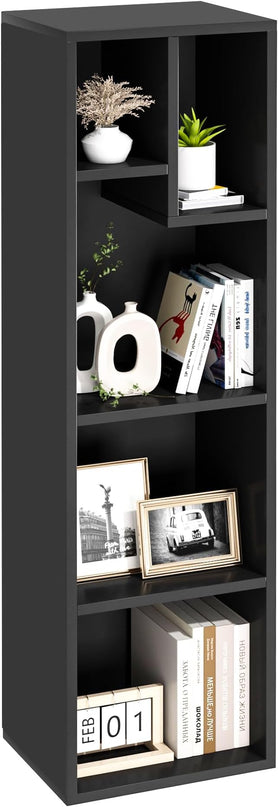 VECELO Small Bookshelf, 5 Cube Slim Bookcase, Fits Tallest Hardcovers, Horizontal Available, Modern Floor Standing Unit, Each Shelf Hold Up to 66 LBS, Matte Black - LeafyLoom