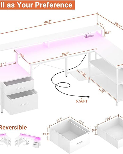 Aheaplus L Shaped Desk with File Drawer, 66" Reversible L Shaped Computer Desk with Power Outlet & LED Strip, Gaming Desk with Long Monitor Stand, Office Desk Corner Desk with Storage Shelf, White - LeafyLoom