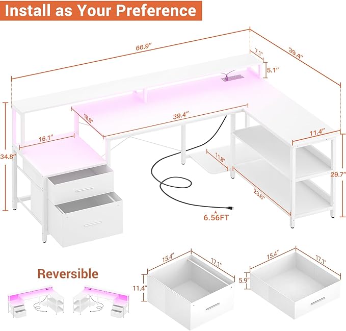 Aheaplus L Shaped Desk with File Drawer, 66" Reversible L Shaped Computer Desk with Power Outlet & LED Strip, Gaming Desk with Long Monitor Stand, Office Desk Corner Desk with Storage Shelf, White - LeafyLoom