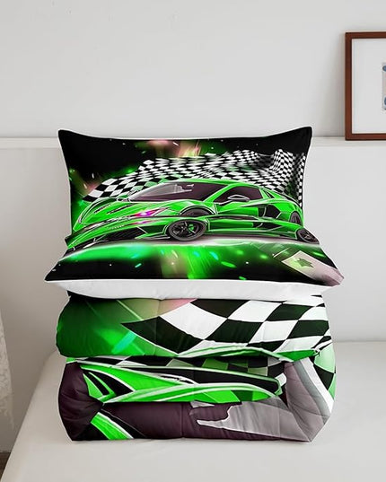 Feelyou Race Car Bedding Set Queen Size,Boys Extreme Sports Comforter Set for Kids Boys Car Racing Gifts,Green Cool Car Comforter Car Sports Quilt Set 1 Comforter with 2 Pillowcase Car Racing Gifts - LeafyLoom