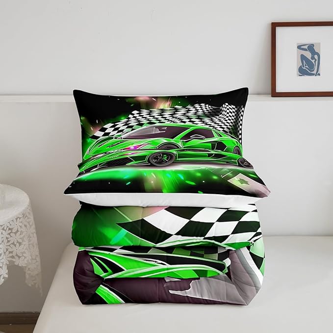 Feelyou Race Car Bedding Set Queen Size,Boys Extreme Sports Comforter Set for Kids Boys Car Racing Gifts,Green Cool Car Comforter Car Sports Quilt Set 1 Comforter with 2 Pillowcase Car Racing Gifts - LeafyLoom