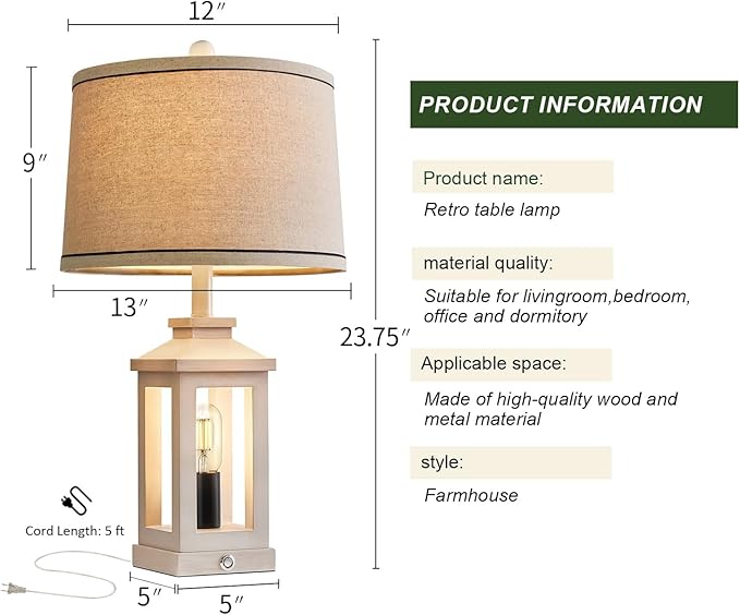 23.75" Retro Farmhouse USB C+A Ports Table Lamp Set of 2 with 3 Way Dimmable Touch Control White Nightlight Vintage Modern Lamp for Living Room Bedroom with 2 Light Sources - LeafyLoom