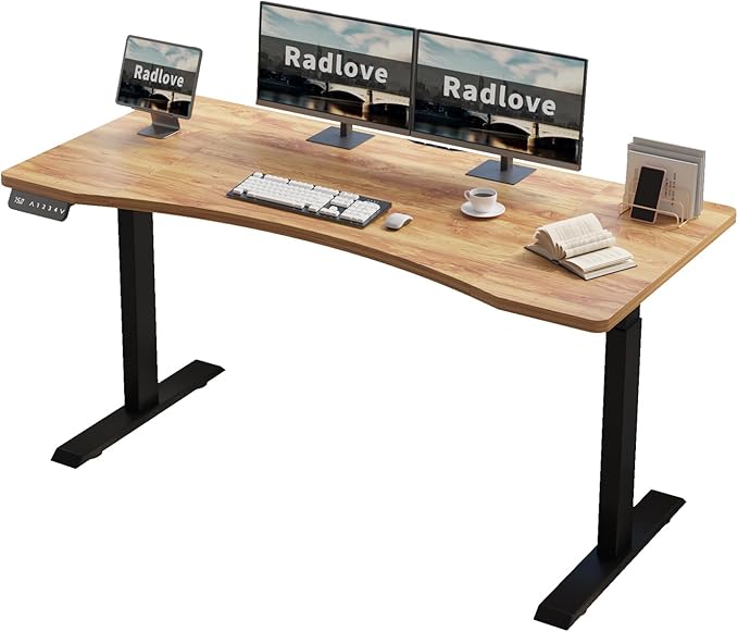 Radlove Dual Motors Height Adjustable 63 x 30 Electric Standing Desk with Curved Design Stand Up Table 4 Memory Keys, Computer Desk with Splice Board Home Office Desk, Light Brown Top + Black Frame - LeafyLoom