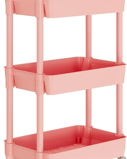 3-Tier Storage Cart,Multifunction Utility Rolling Cart Kitchen Storage Organizer,Mobile Shelving Unit Cart with Lockable Wheels for Bathroom,Laundry,with Classified Stickers,Pink - LeafyLoom